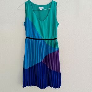 New York & Company Teal and Blue Pleated Midi Dress